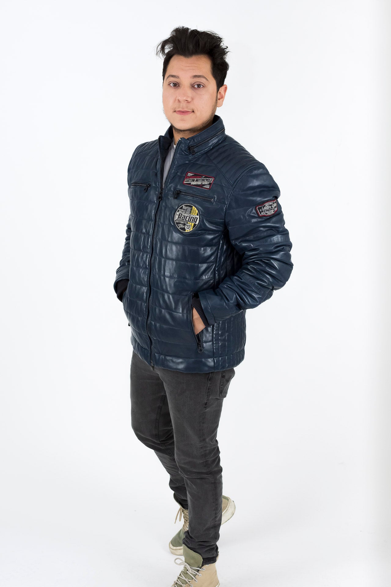 Dark blue leather jacket Stefan | Men's