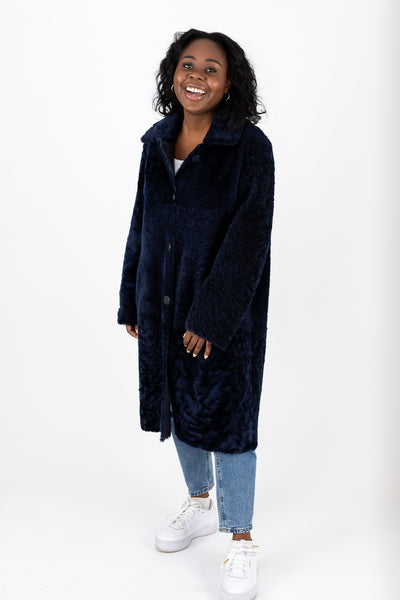 Dark blue merino lamb coat | ladies