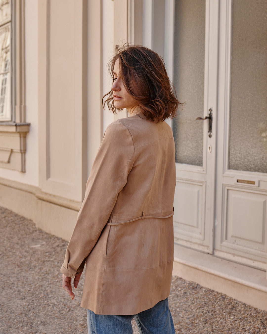 Suede short coat sand || Leather Fashion Susanne – Ledermoden Susanne