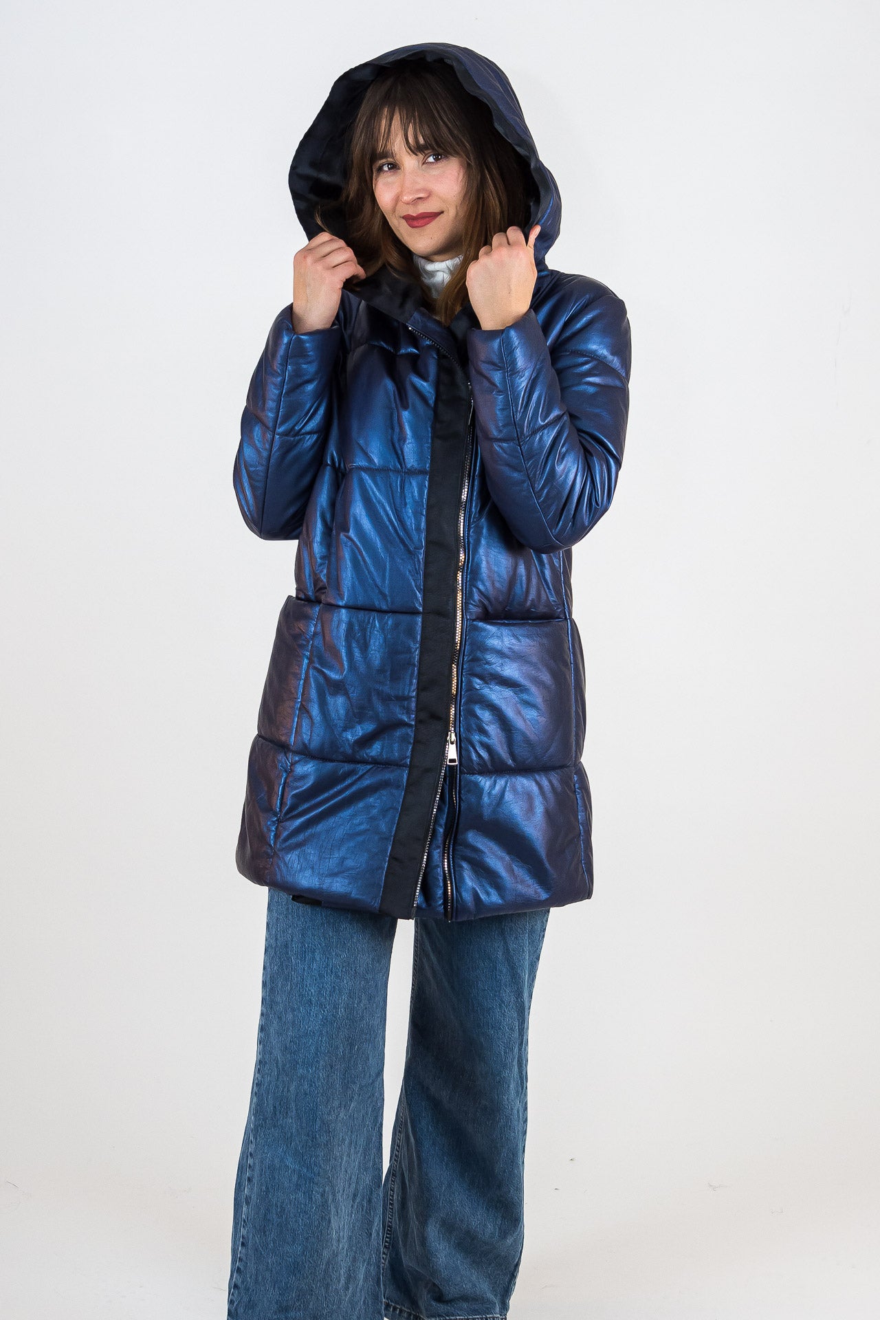 Blue, padded leather short coat | ladies