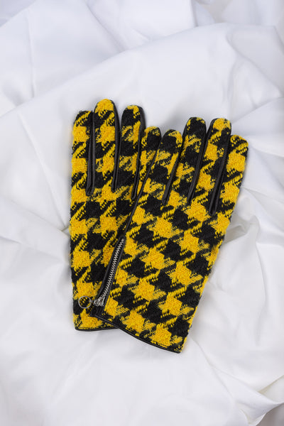 Checked leather gloves black-yellow Jolanda | ladies 