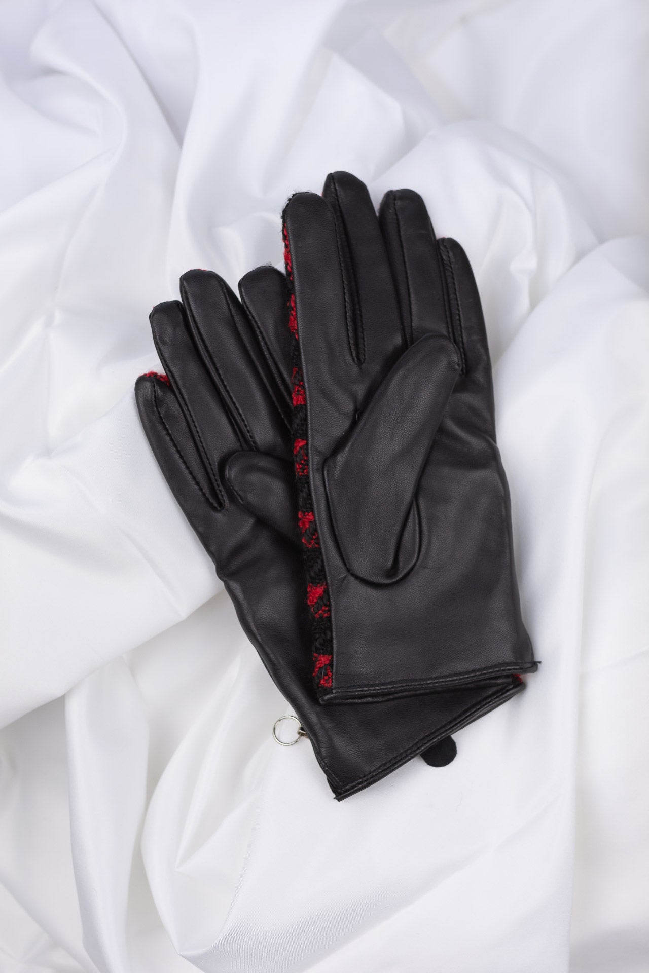 Checked leather gloves black-red Jolanda | ladies 