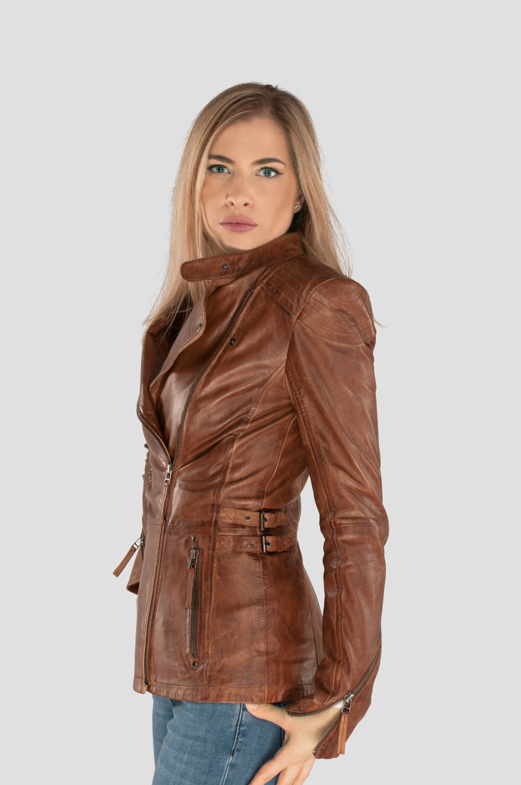 Cognac Gesteppte Bikerjacke Damen Damen Lederjacke Fily Gesteppt